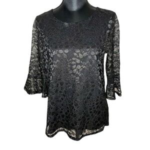Adrianna Papell Blouse Lace Overlay Flared 3/4 Sleeves Black Size Medium